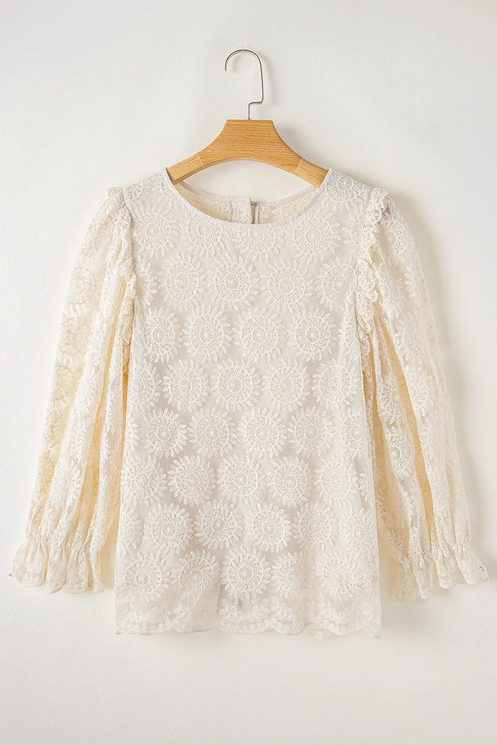 Oatmeal Flower Jacquard Button Back Ruffle 3/4 Sleeve Blouse