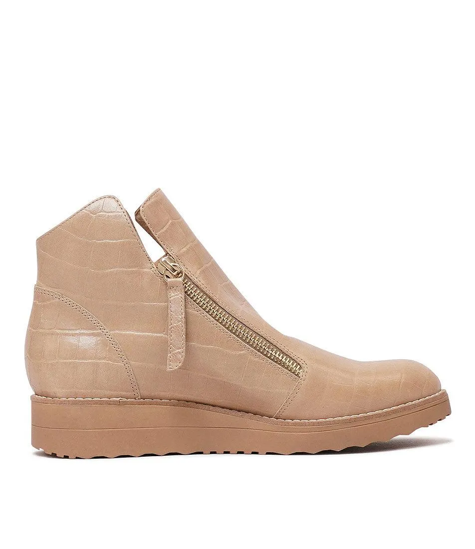 Ohmyes Latte Croc Leather Ankle Boots