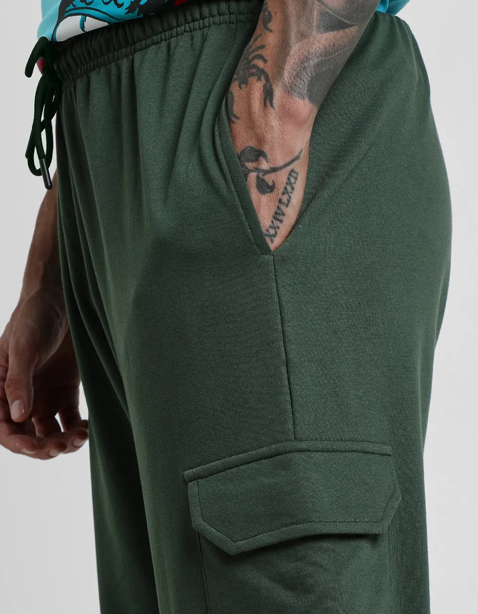 Olive Green Solid Baggy Fit Cargo Pants