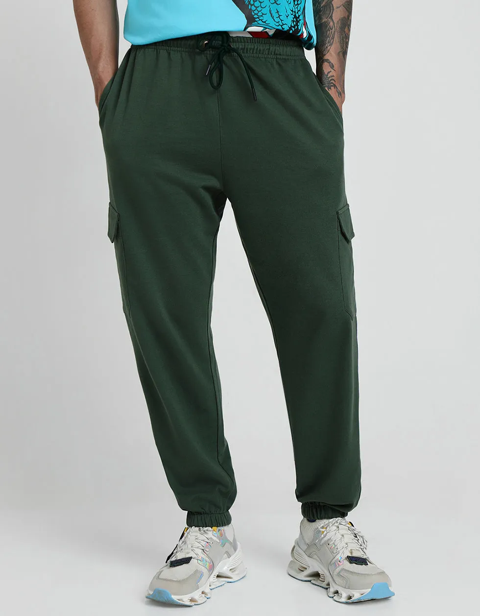 Olive Green Solid Baggy Fit Cargo Pants