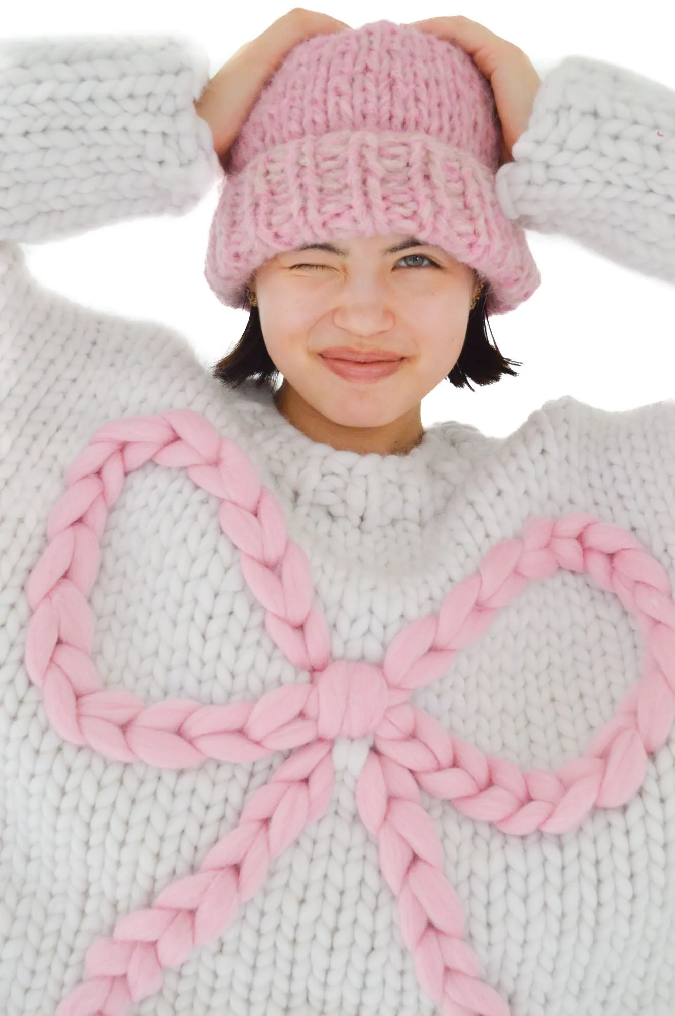 Pink Fluffy Chunky Knit Beanie Hat