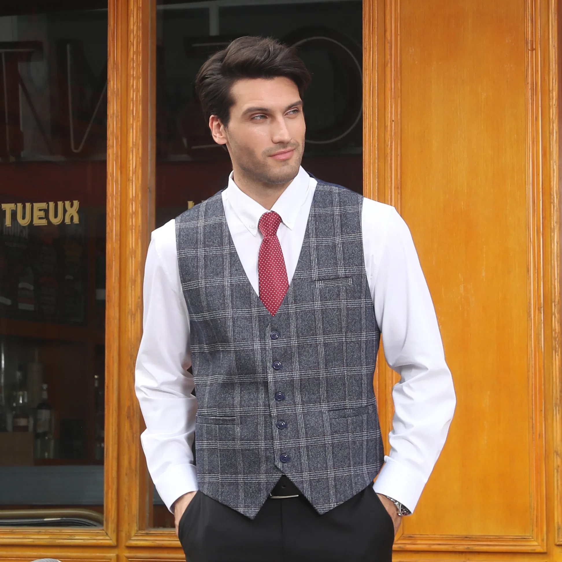 Plaid Slim Suit Vest - A7-BLUE&GRAY