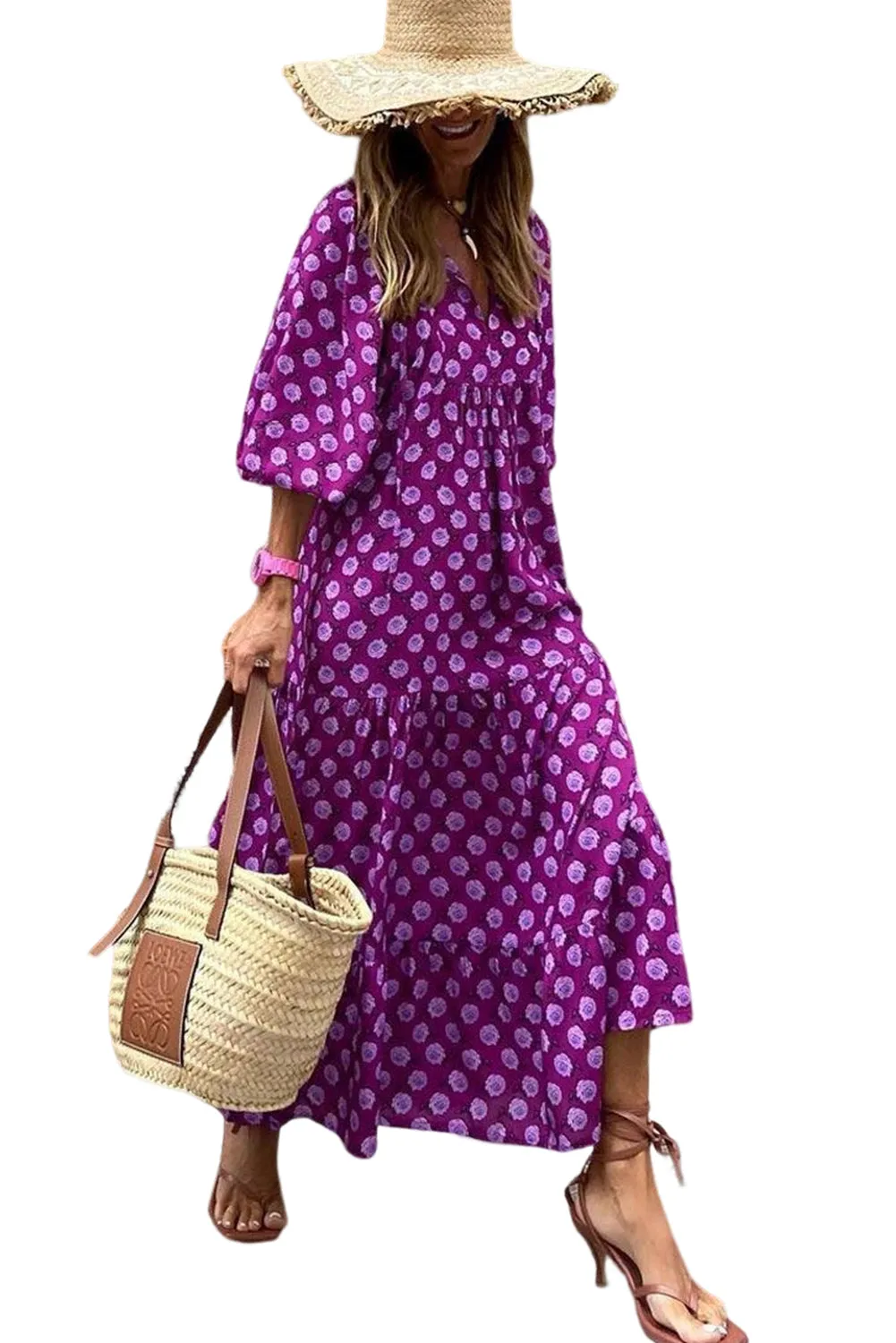 Purple Boho Printed V Neck Puff Sleeve Maxi Dress