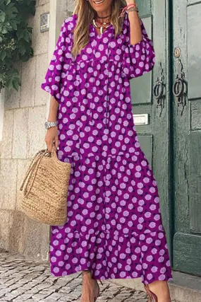 Purple Boho Printed V Neck Puff Sleeve Maxi Dress