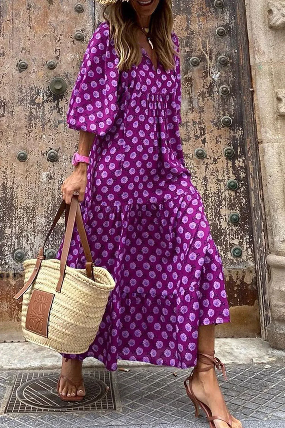 Purple Boho Printed V Neck Puff Sleeve Maxi Dress