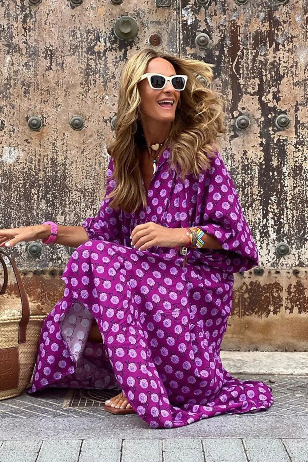 Purple Boho Printed V Neck Puff Sleeve Maxi Dress