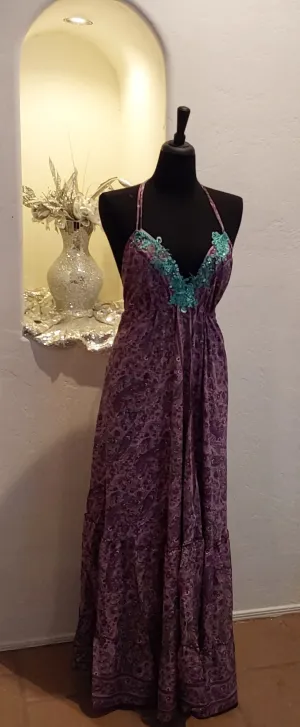 Purple Floral Silk Backless Maxi Dress