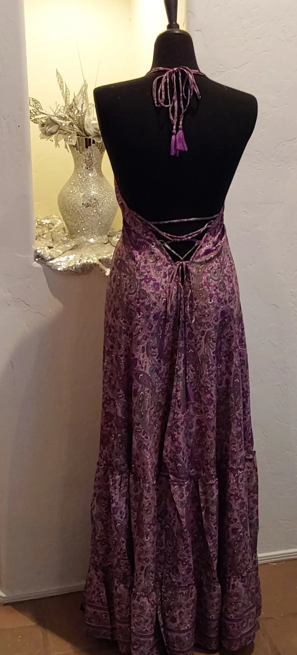 Purple Floral Silk Backless Maxi Dress