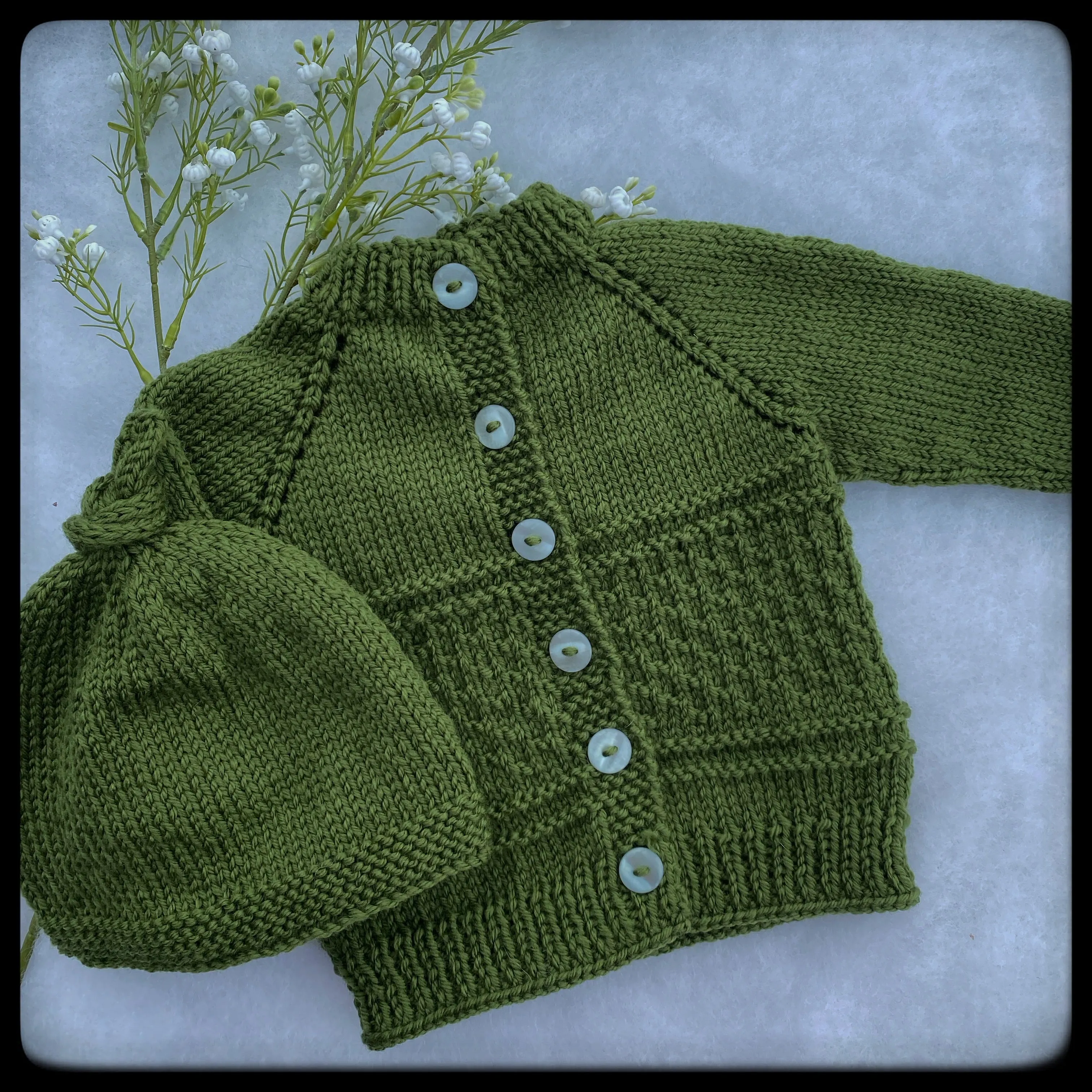 "Kinzie" patterned merino baby cardigan & hat set