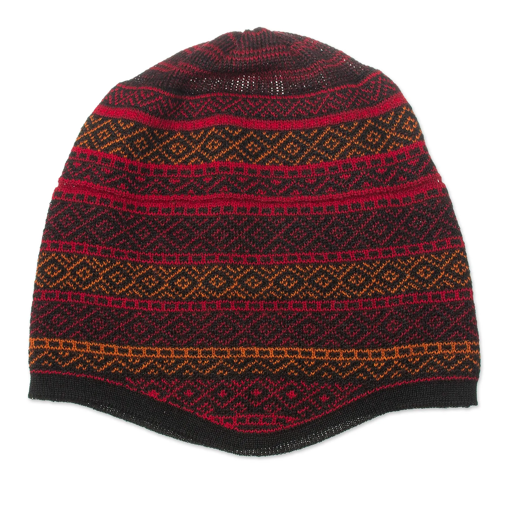 Red and Multicolored Alpaca Blend Knit Hat from Peru - Diamond Warmth | NOVICA