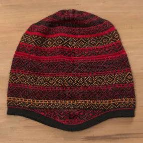 Red and Multicolored Alpaca Blend Knit Hat from Peru - Diamond Warmth | NOVICA