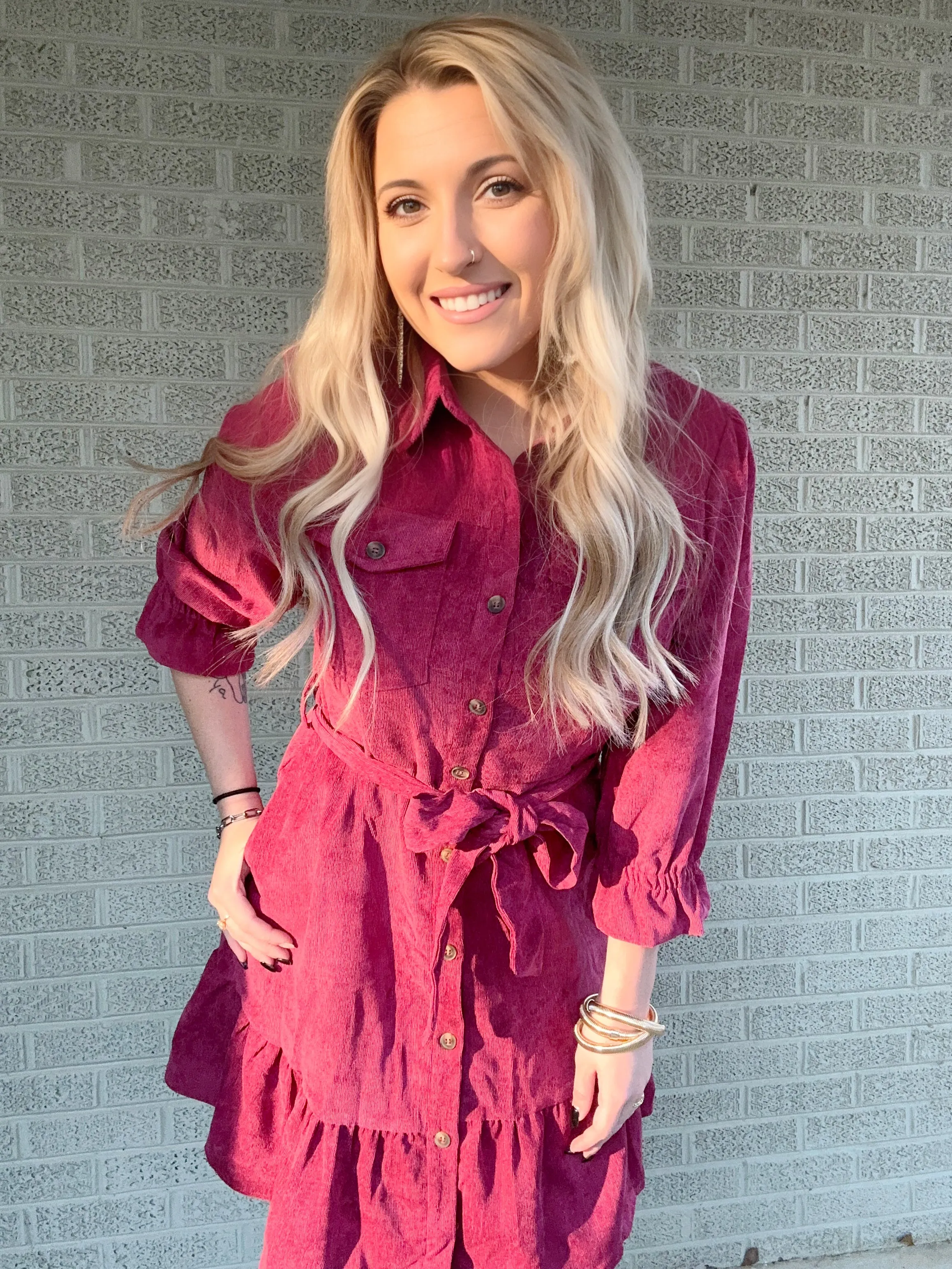 Red Collared Ruffled Hem Corduroy Dress