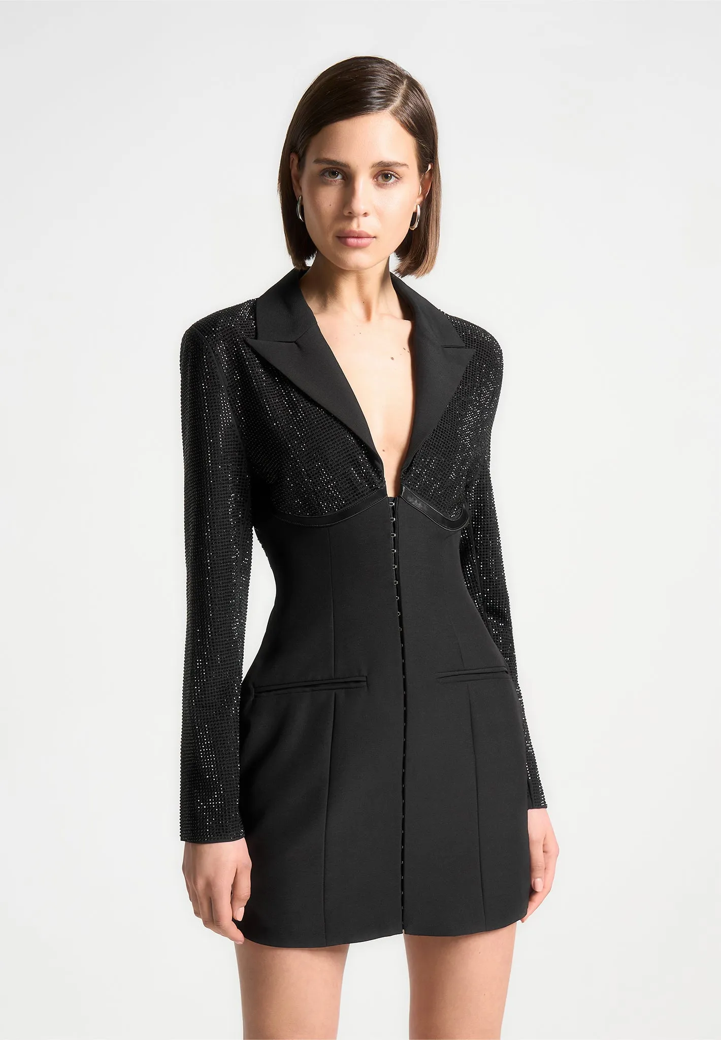 Rhinestone Corset Blazer Dress - Black