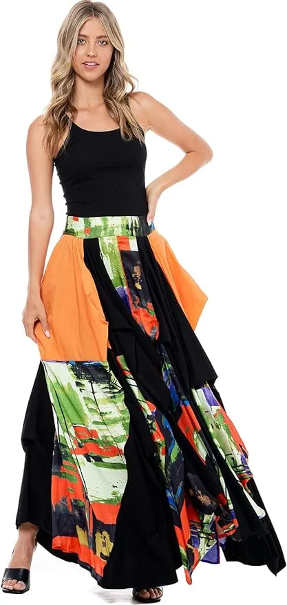 Romantic Boho Black & Orange Abstract Print Tov The Damsel`s Maxi Skirt