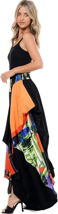 Romantic Boho Black & Orange Abstract Print Tov The Damsel`s Maxi Skirt