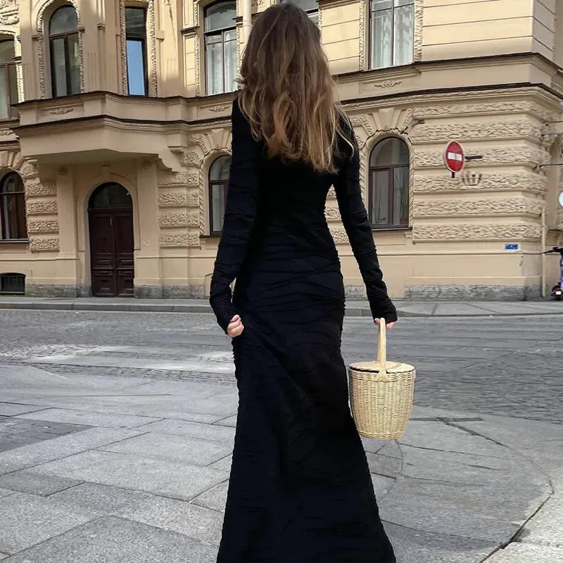 Ruffled Round Neck Maxi Dress with Long Sleeves