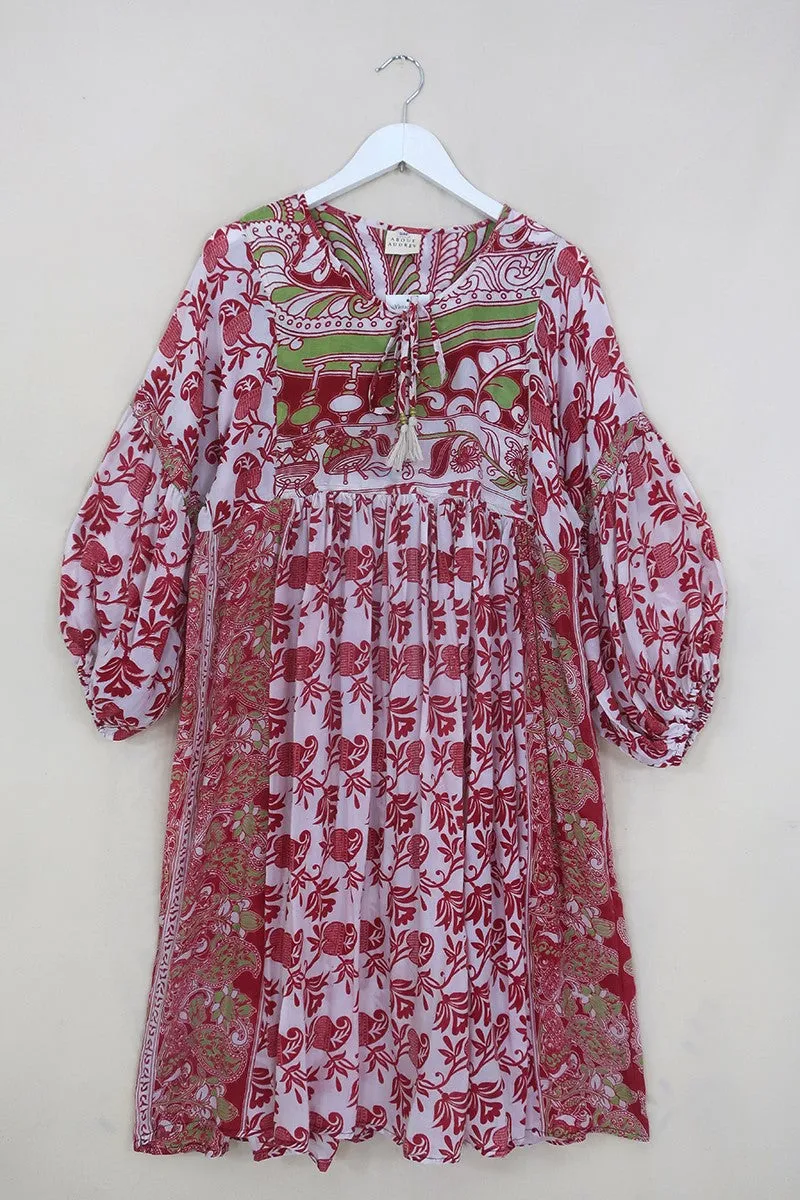 SALE Daisy Midi Smock Dress - White Blossom & Red Bodhi Leaf - Vintage Indian Cotton - Size S/M