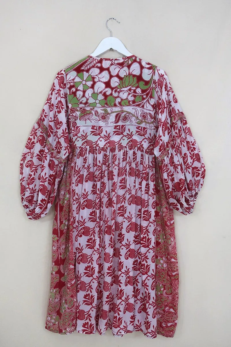 SALE Daisy Midi Smock Dress - White Blossom & Red Bodhi Leaf - Vintage Indian Cotton - Size S/M