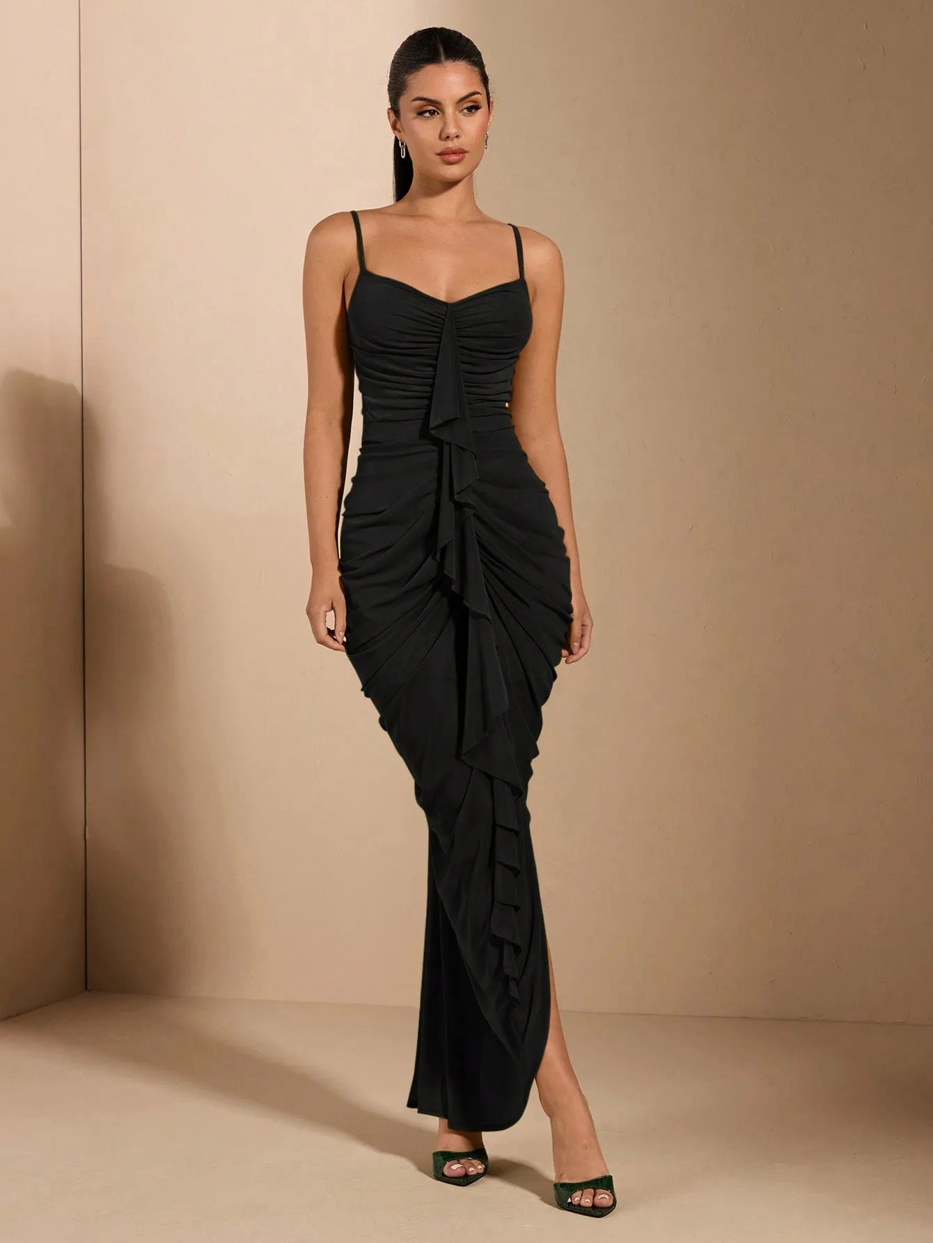 Sexy Elegant Ruffle Cami  Front Ruching Detail Maxi Dress