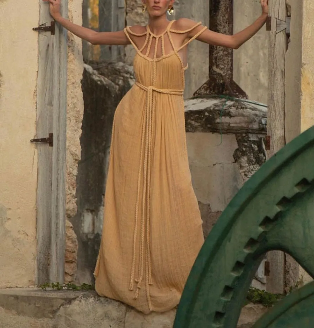 Sexy Khaki Backless Strappy Maxi Dress