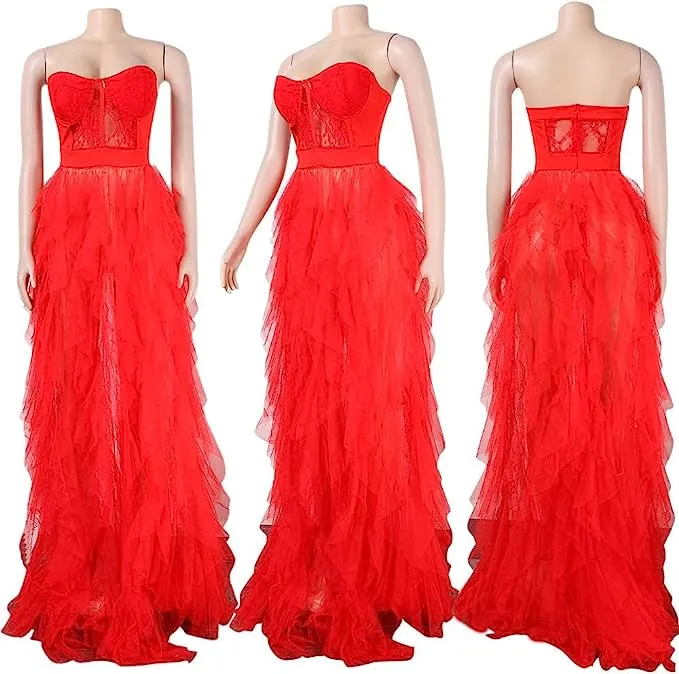 Sexy Red Lace & Tulle Maxi Dress