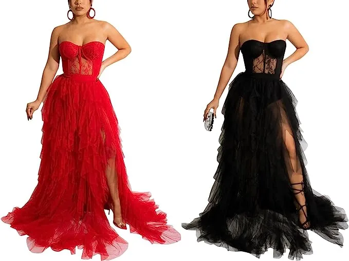 Sexy Red Lace & Tulle Maxi Dress