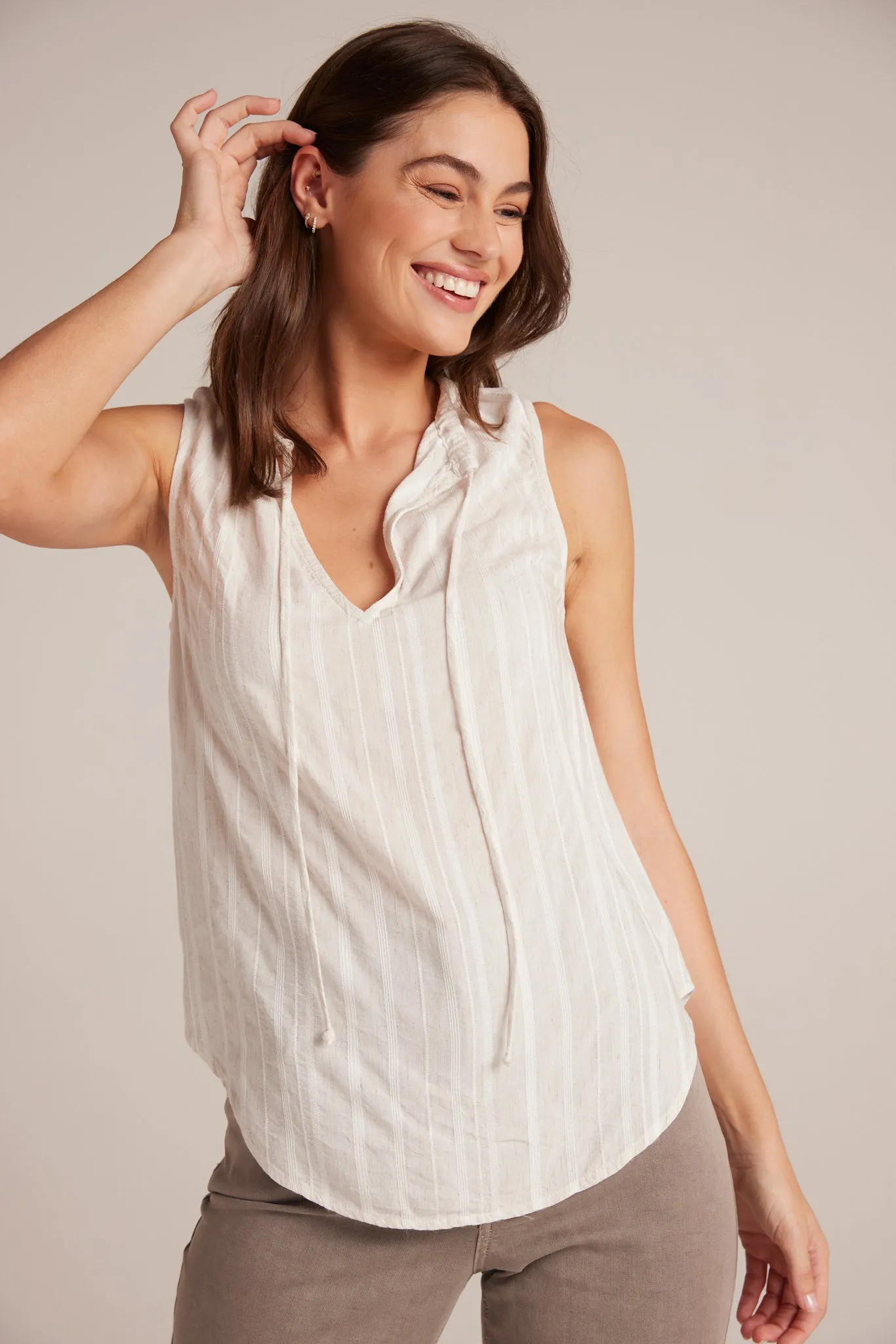 Shirred Neck Sleeveless  Pullover - White Sand Stripe