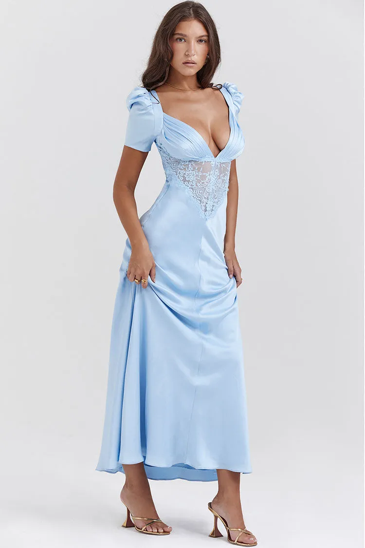 Silky Satin Pleated Deep V Puff Sleeve Lace Panel Fishtail Evening Maxi Dress - Blue