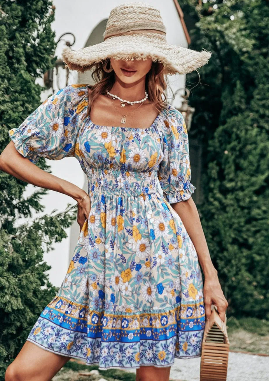 Smocked Waist Puff Sleeve Dress