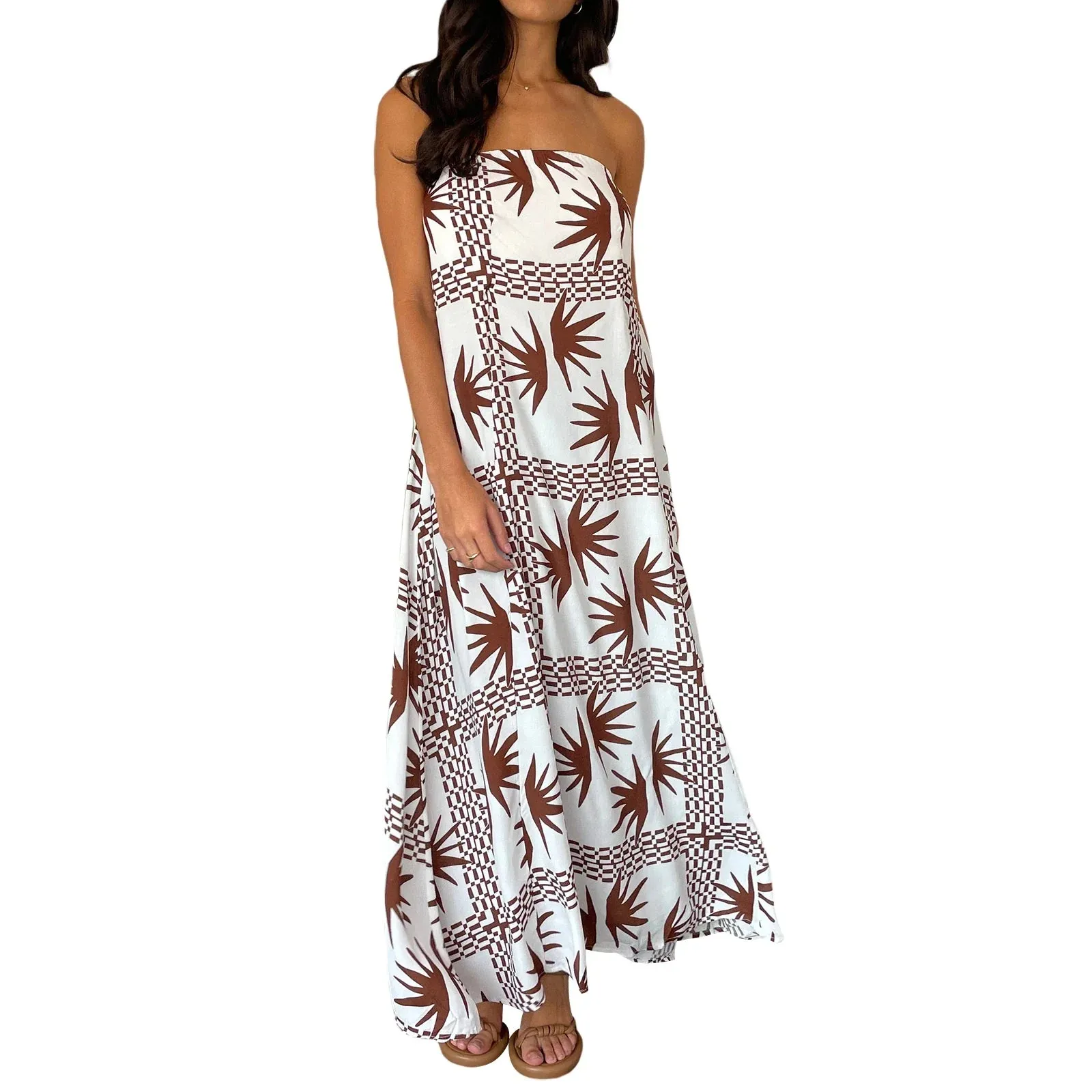 Strapless Tube Top Maxi Sexy Backless Fruit Print Swing Long Casual Summer Dress