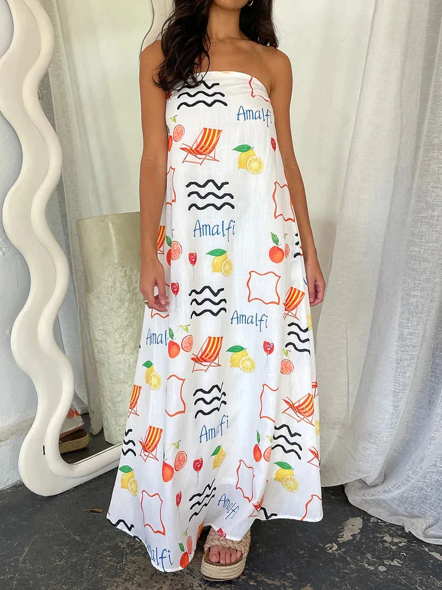 Strapless Tube Top Maxi Sexy Backless Fruit Print Swing Long Casual Summer Dress