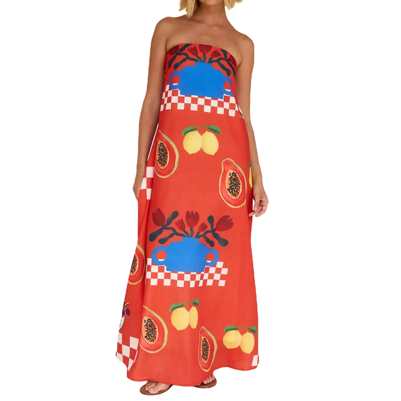 Strapless Tube Top Maxi Sexy Backless Fruit Print Swing Long Casual Summer Dress