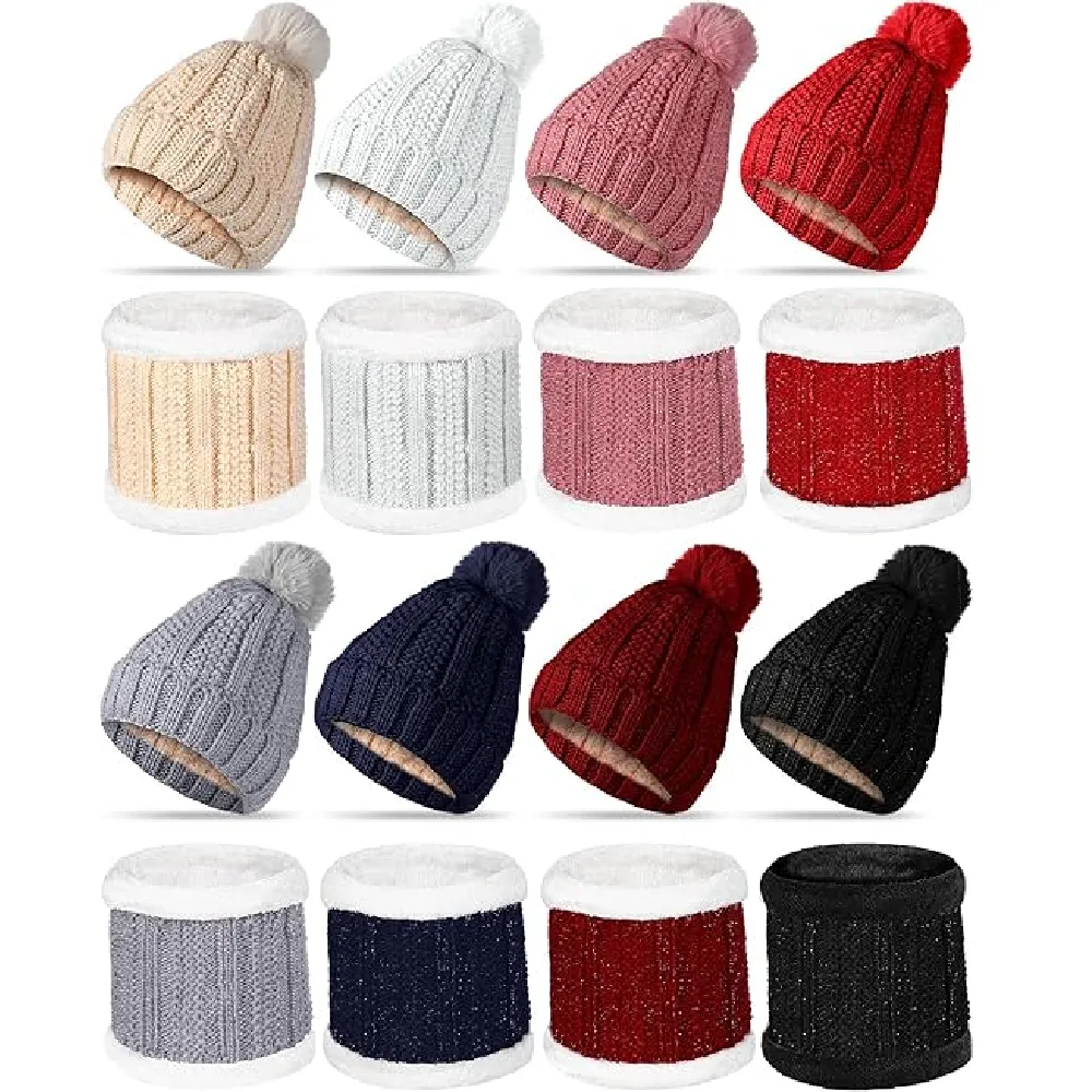 Suhine 16 Pcs Women Pom Beanie Hat Scarf Set Slouchy Ski Hat Winter Hat Neck Warmers