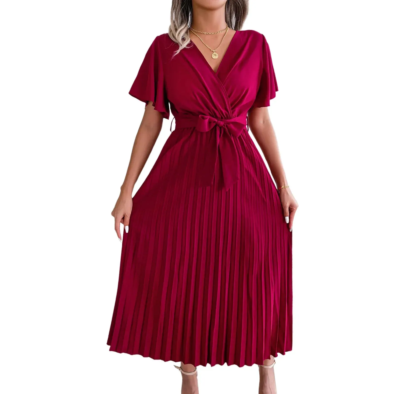 Summer Belted Pleated V Neck Short Flounce Sleeve Casual Solid Color Maxi Elegant Dress