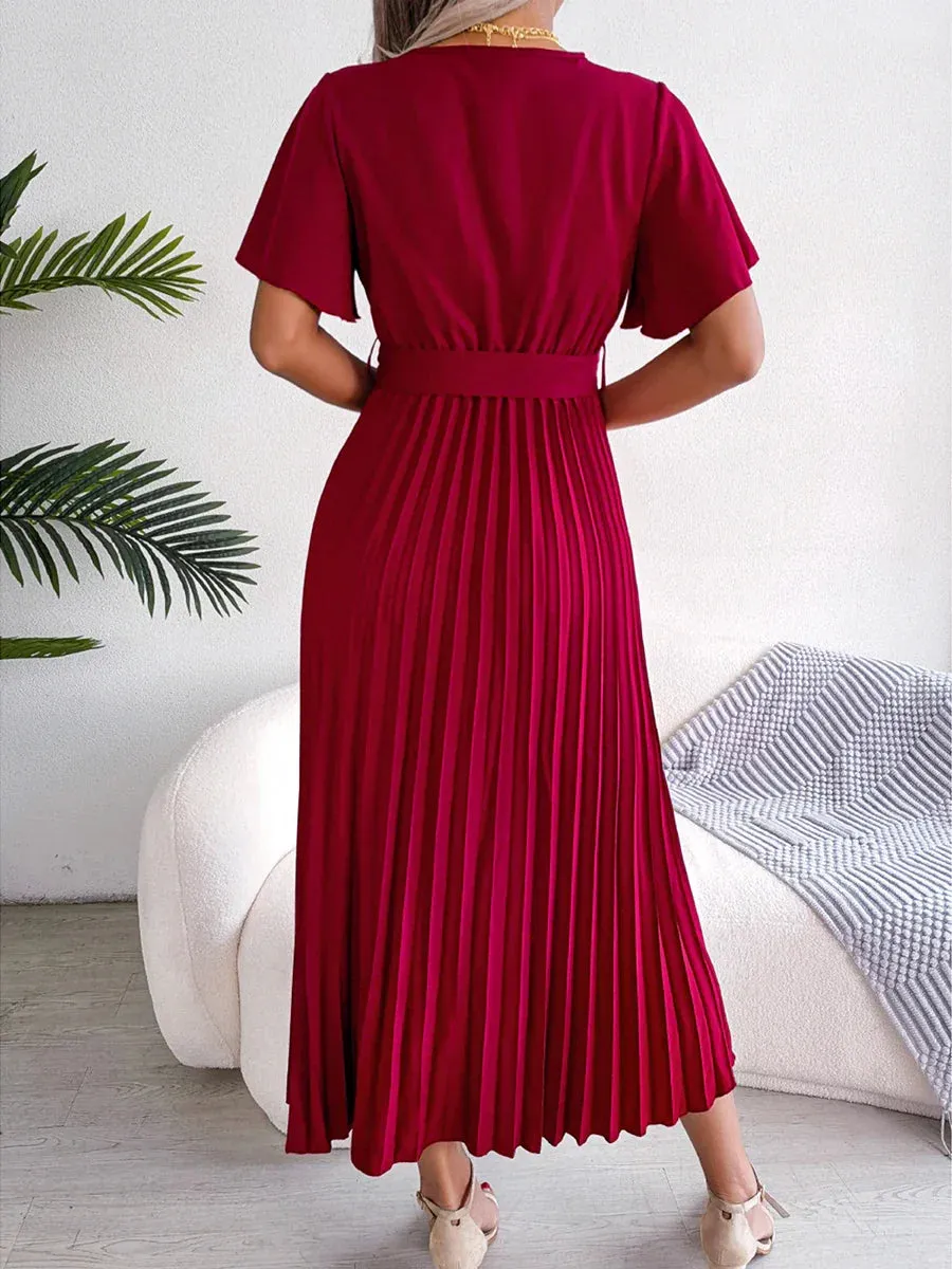 Summer Belted Pleated V Neck Short Flounce Sleeve Casual Solid Color Maxi Elegant Dress