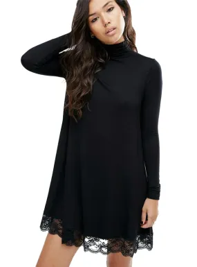 TastyHottie - Long Sleeve Tunic Winter Dress Crochet Turtleneck Black Lace Dress