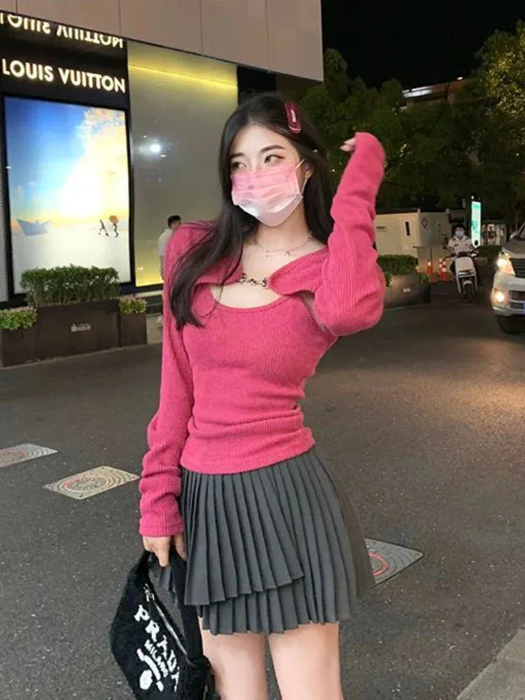 Territory  Y2K Korean Fashion Pink Cropped Sweater Women Harajuku Sexy Slim Knitted Jumper Vintage Casual Cardigan Vest Set Tops