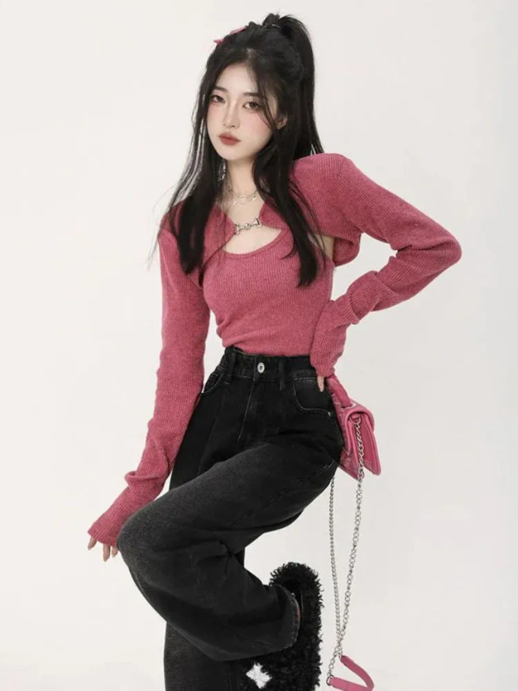 Territory  Y2K Korean Fashion Pink Cropped Sweater Women Harajuku Sexy Slim Knitted Jumper Vintage Casual Cardigan Vest Set Tops