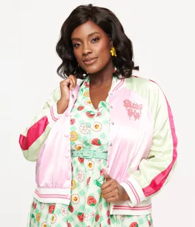 Unique Vintage Plus Size Pink & Green Bite Me Satin Bomber Jacket