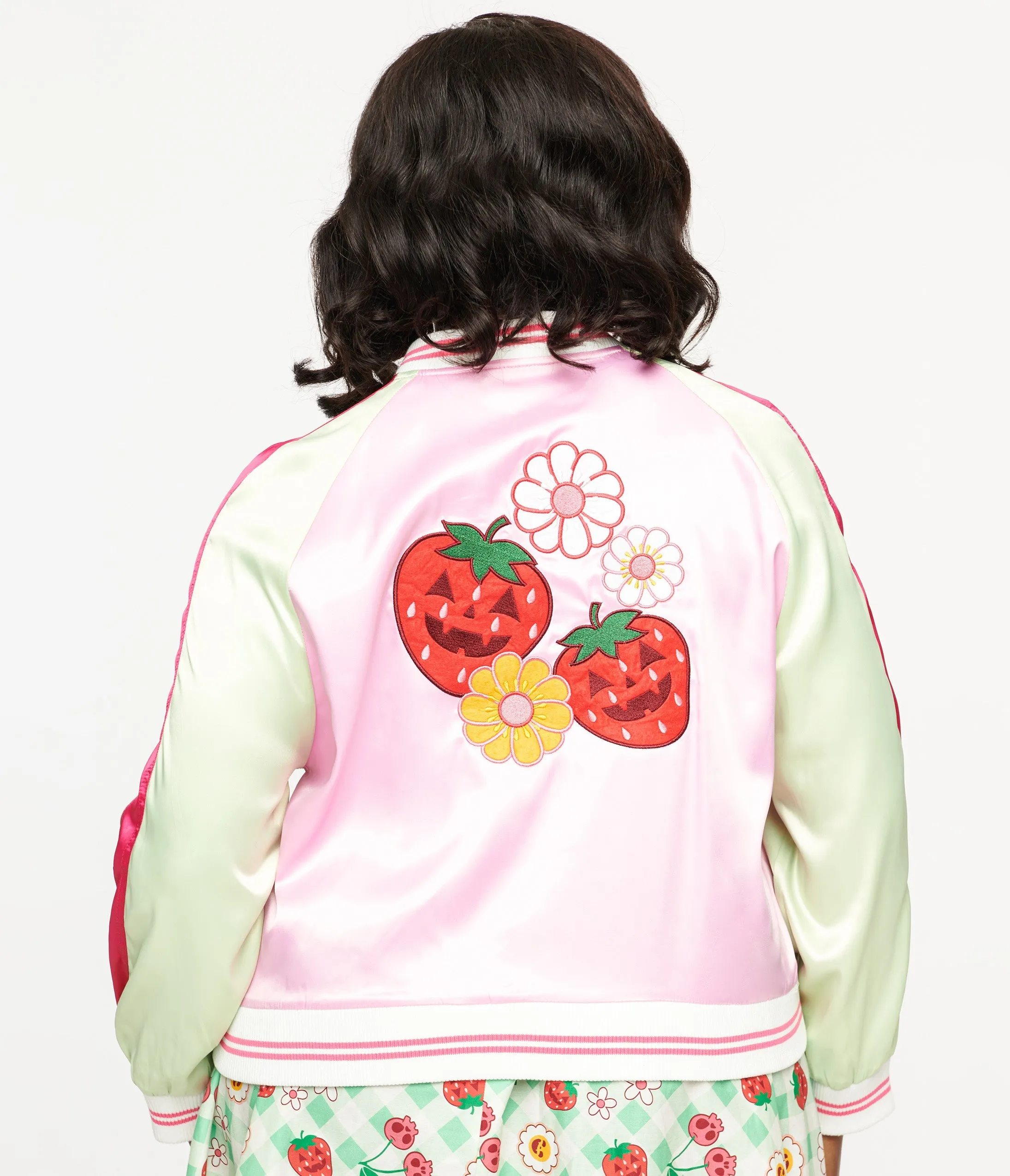 Unique Vintage Plus Size Pink & Green Bite Me Satin Bomber Jacket