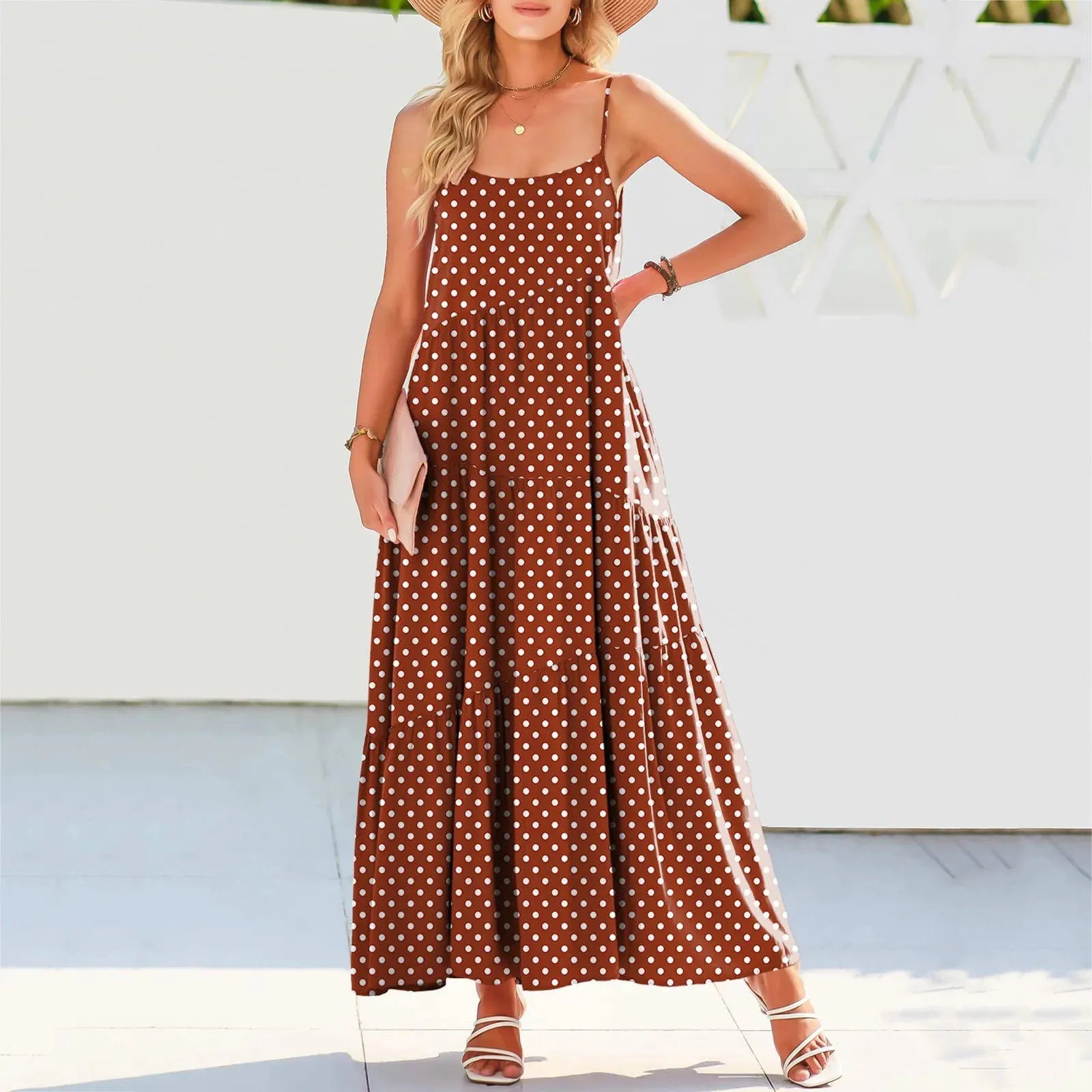 V Neck Loose A Line Polka Dots Solid Fashion Maxi Pullover Dating Casual Stylish Dress