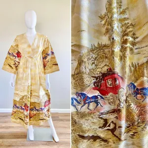 Vintage 1970s John Wolf Stagecoach Novelty Print Maxi Dress / 70s Retro cotton bell sleeve dress / Size S