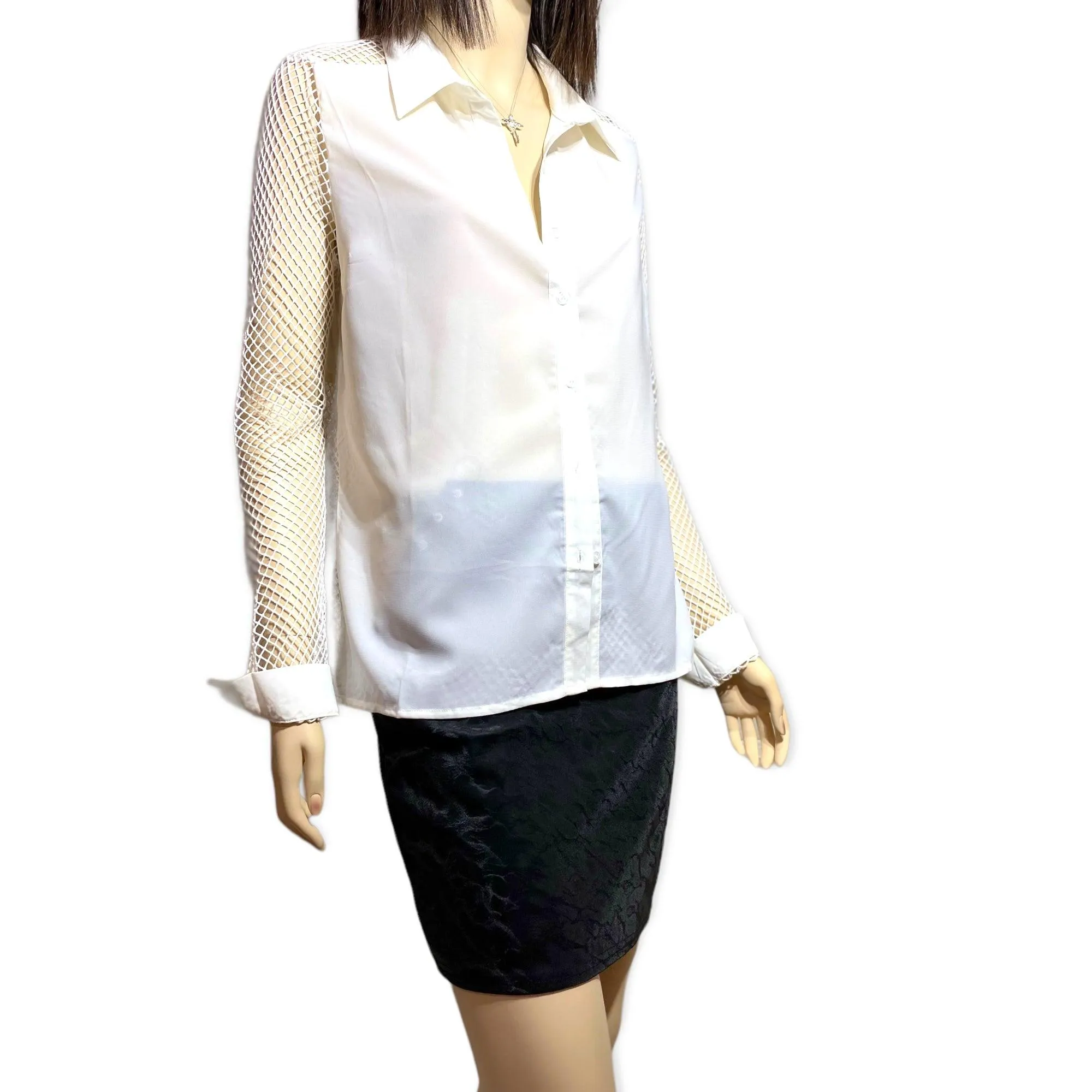 White Button Down Fishnet Sleeve Shirt