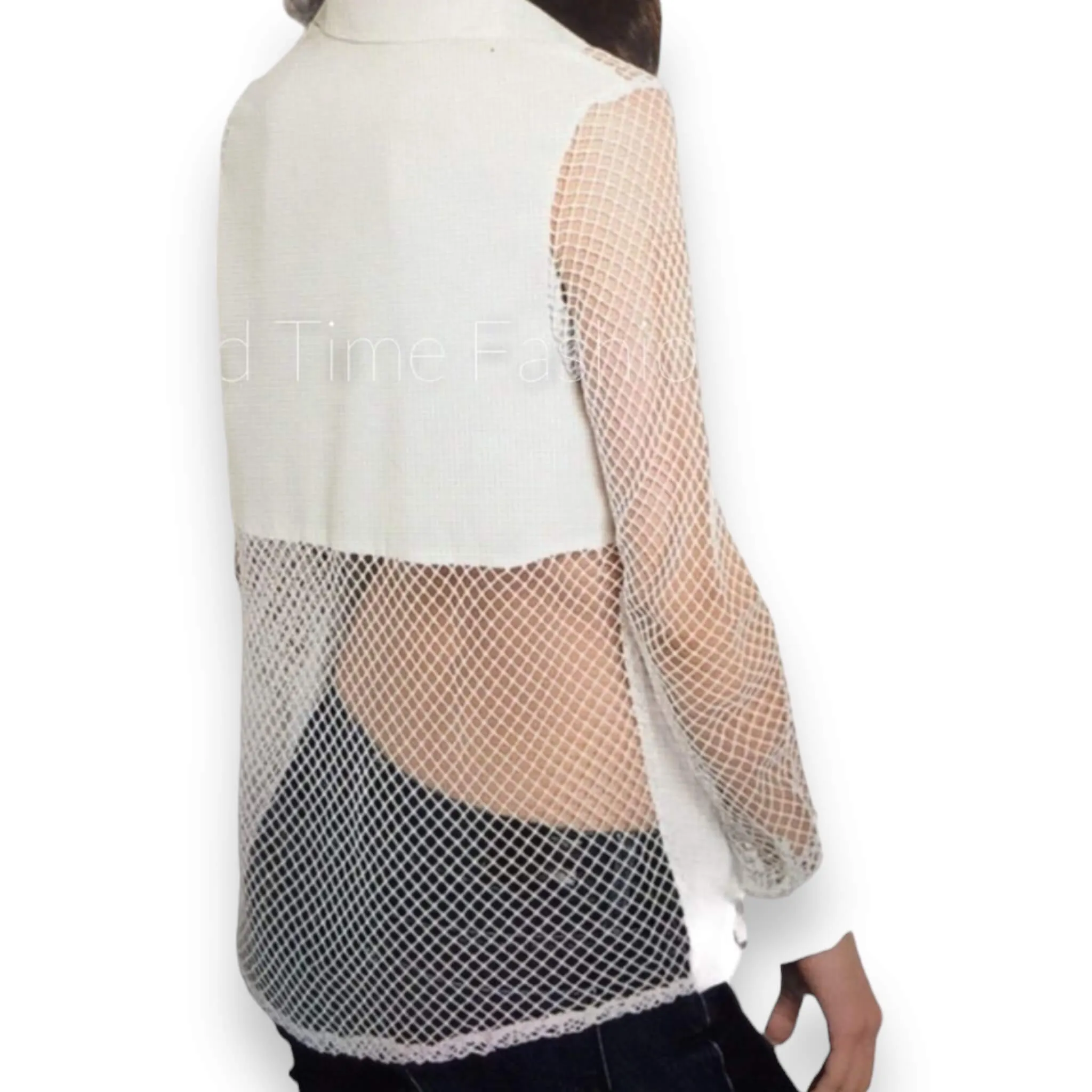 White Button Down Fishnet Sleeve Shirt