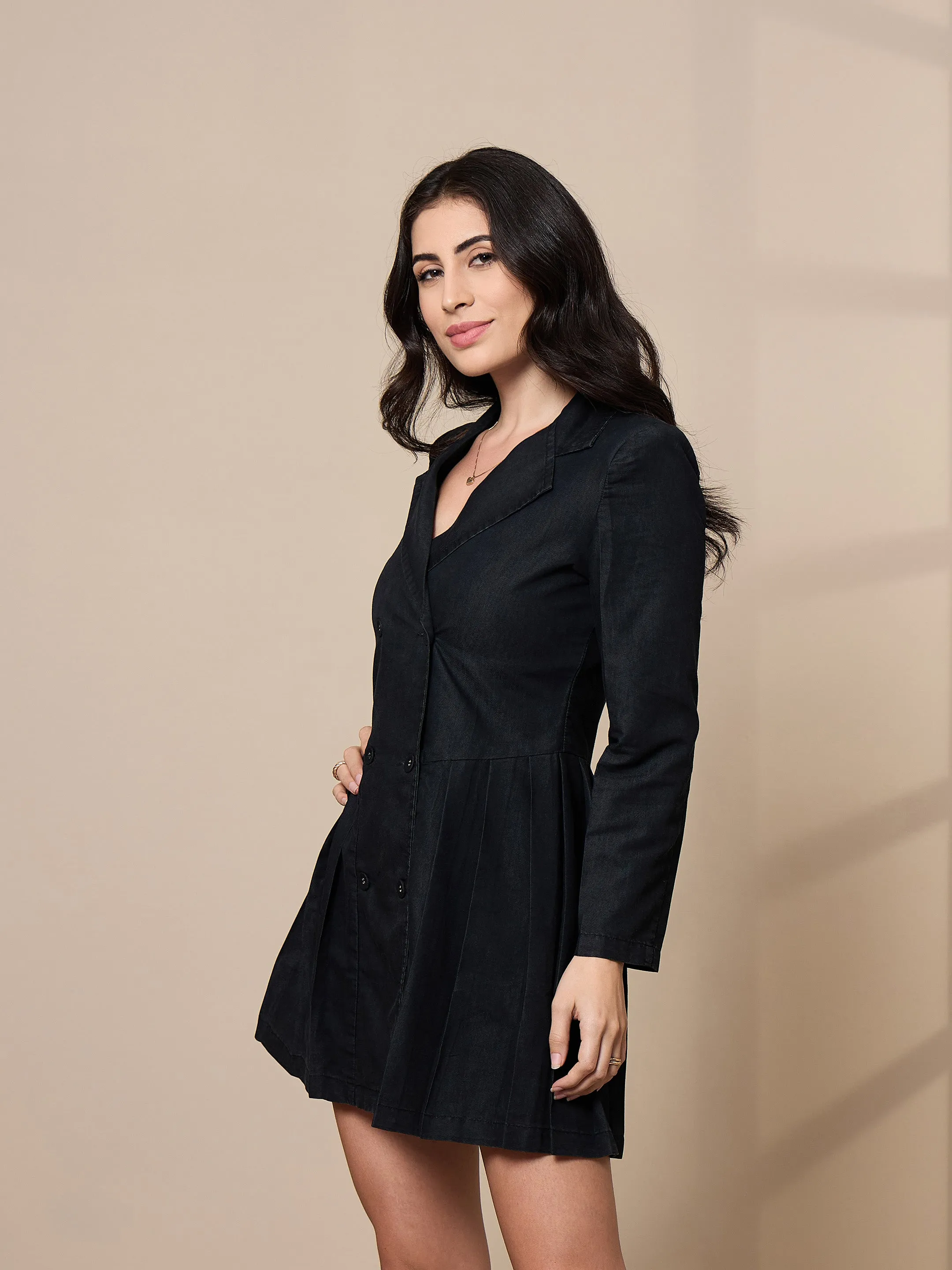 Women Black Collar Blazer Dress