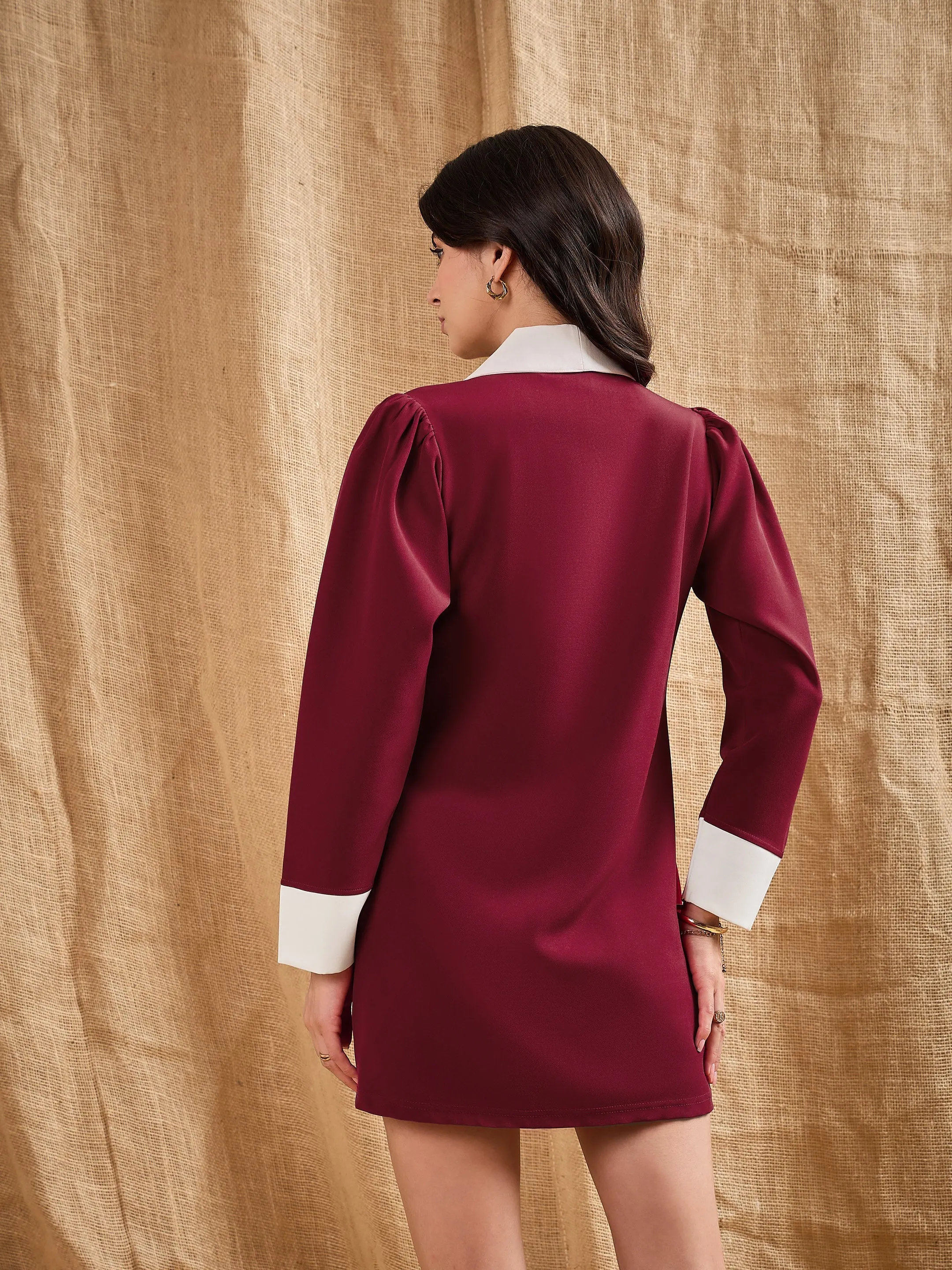 Women Maroon Contrast Collar Blazer Dress