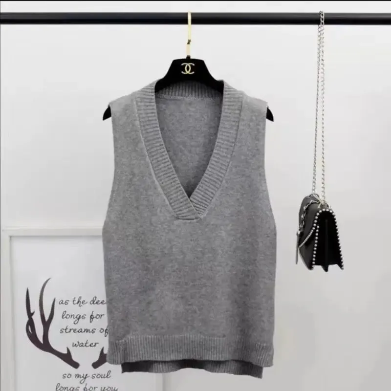 Women Sweater Vest Solid V-neck Loose Knitted Sleeveless Sweaters Female Simple Elegant Office Ladies Ulzzang Chic Popular New