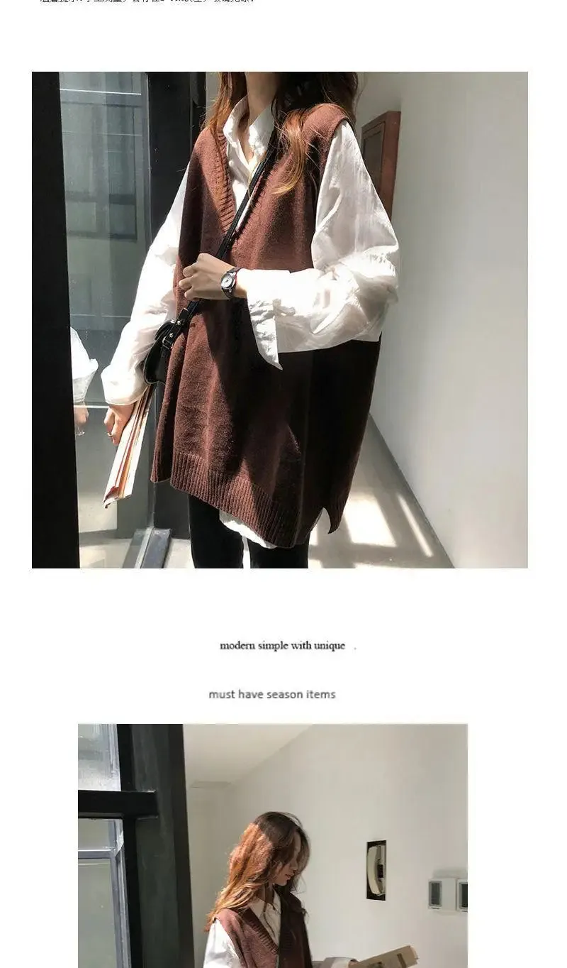 Women Sweater Vest Solid V-neck Loose Knitted Sleeveless Sweaters Female Simple Elegant Office Ladies Ulzzang Chic Popular New