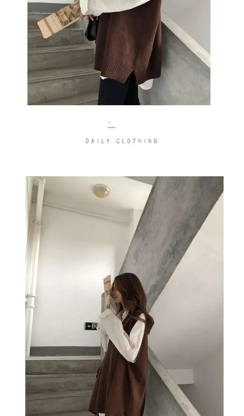 Women Sweater Vest Solid V-neck Loose Knitted Sleeveless Sweaters Female Simple Elegant Office Ladies Ulzzang Chic Popular New