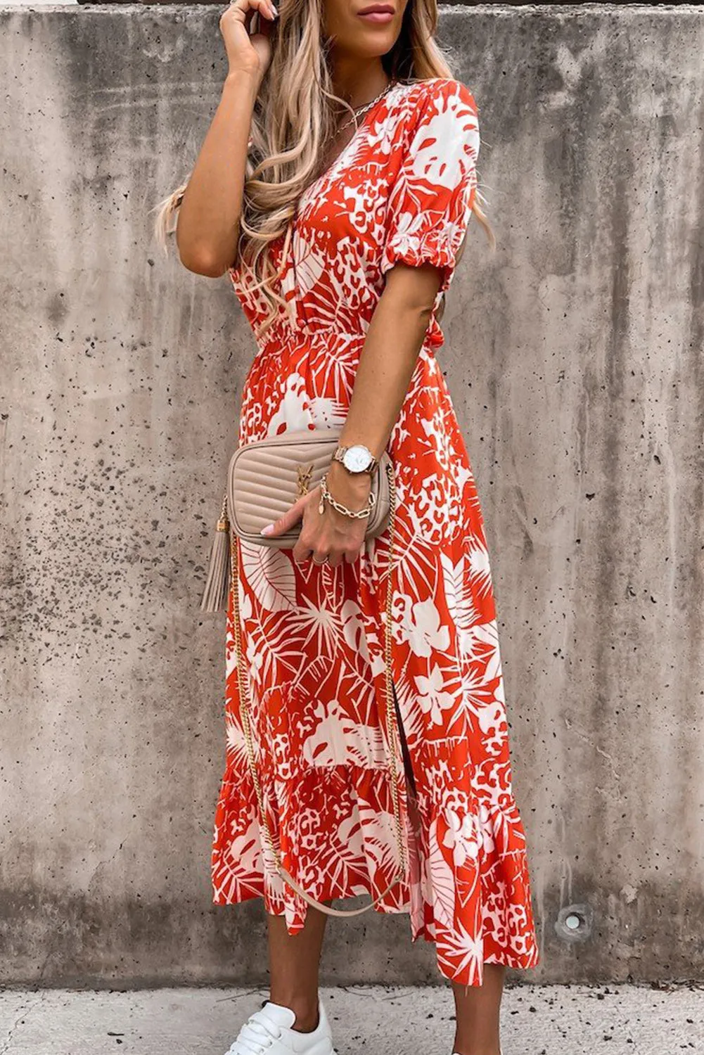 Women’s Summer Loose Long Dresses Shortn Sleeve V Neck Floral Maxi Dress